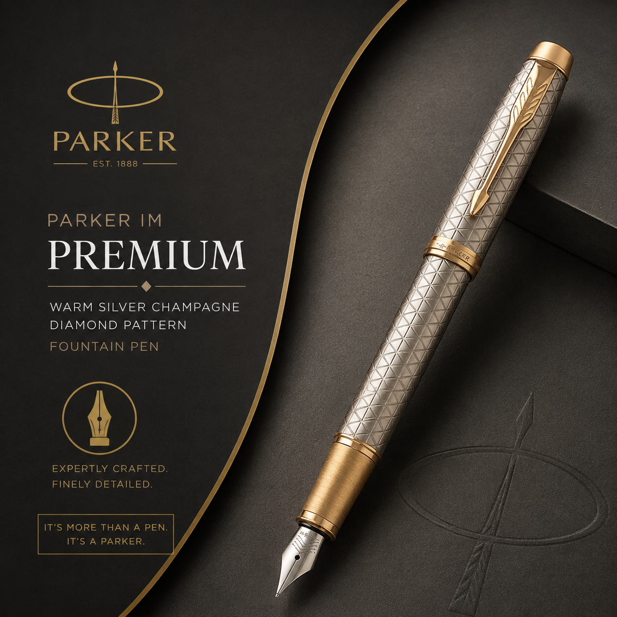 Parker IM Premium Fountain Pen – Warm Silver Champagne Diamond Pattern Gold Trim