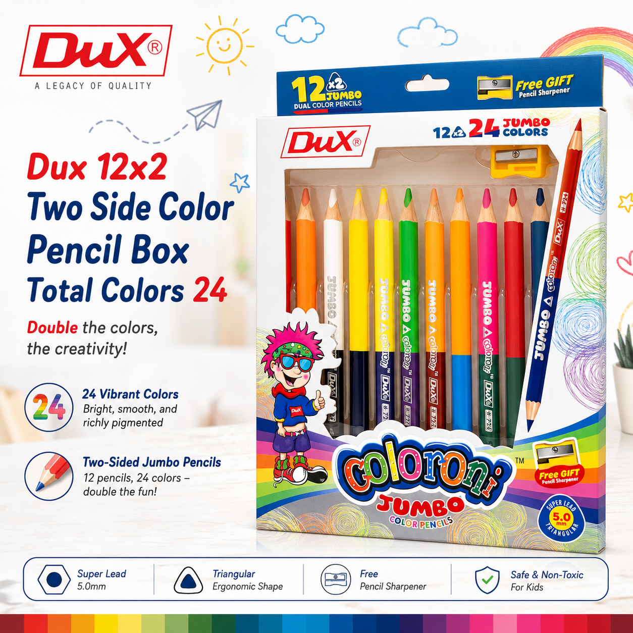 Dux Coloroni Jumbo Dual Colour Pencils – 12 Double-Ended Pencils (24 Colors) with Free Sharpener | DX-724