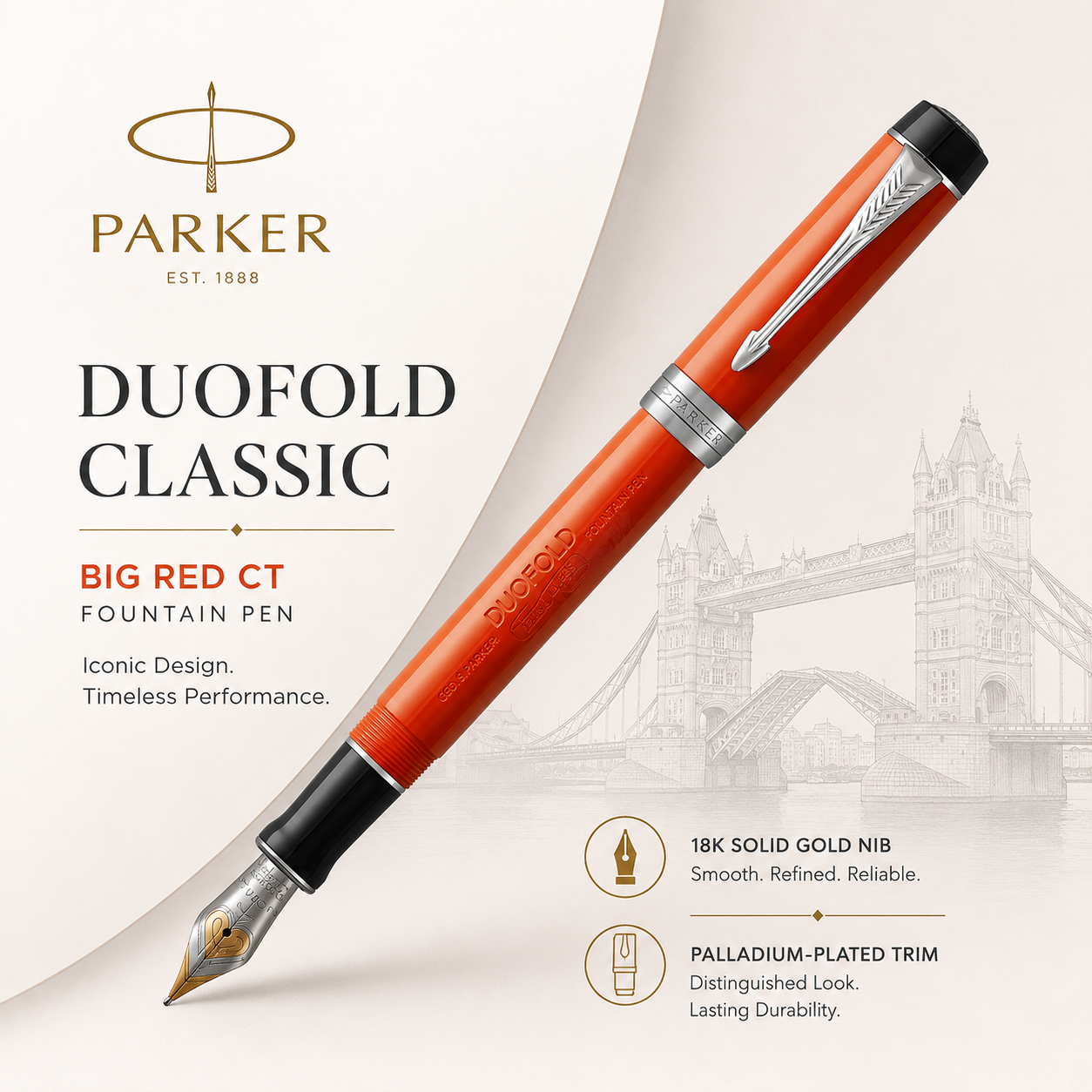 Parker Duofold Classic Big Red CT Fountain Pen - 18K Solid Gold Nib & Palladium-Plated Trim