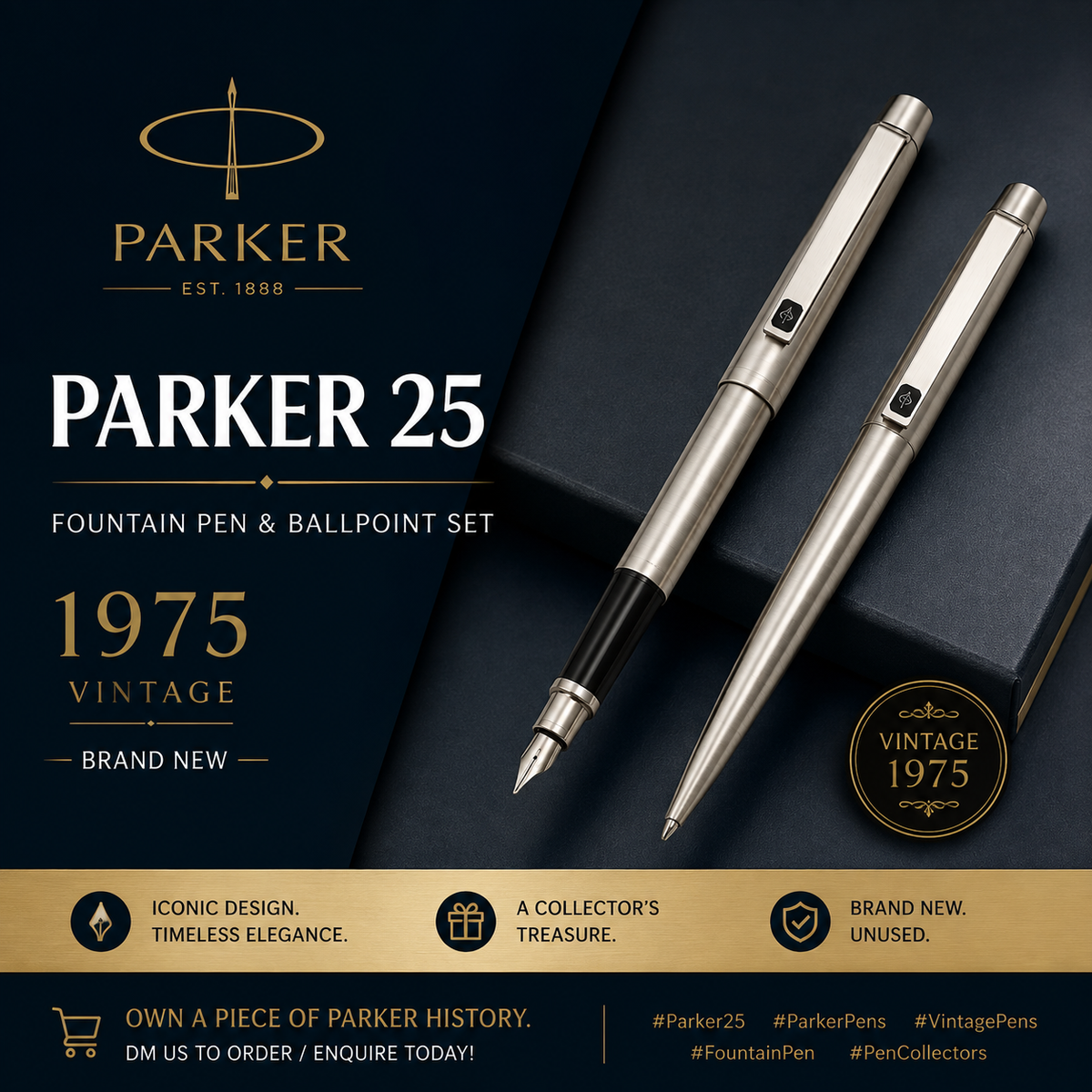 Parker 25 Fountain Pen & Ballpoint Pen Set – Vintage 1975 | Black Trim | Medium Nib