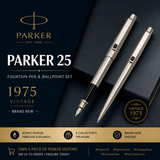 Parker 25 Fountain Pen & Ballpoint Pen Set – Vintage 1975 | Black Trim | Medium Nib