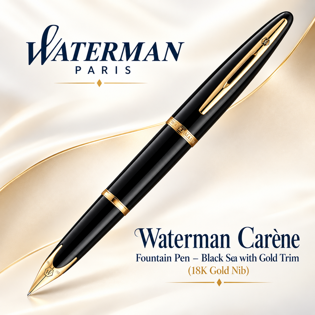 Waterman Carène Fountain Pen – Black Sea with Gold Trim (18K Gold Nib)
