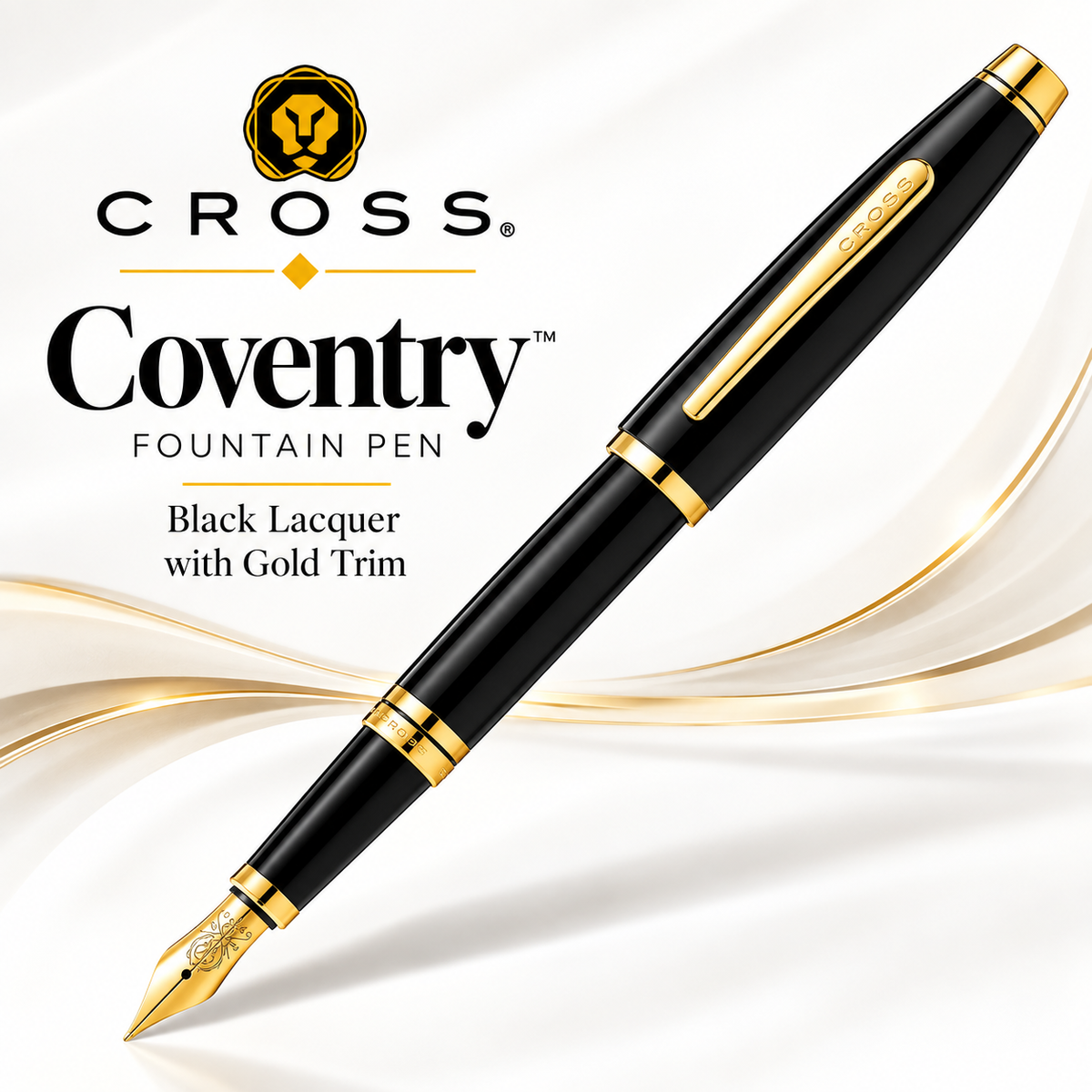 Cross Coventry Fountain Pen – Black Lacquer with Gold Trim, Fine Nib | AT0666-11