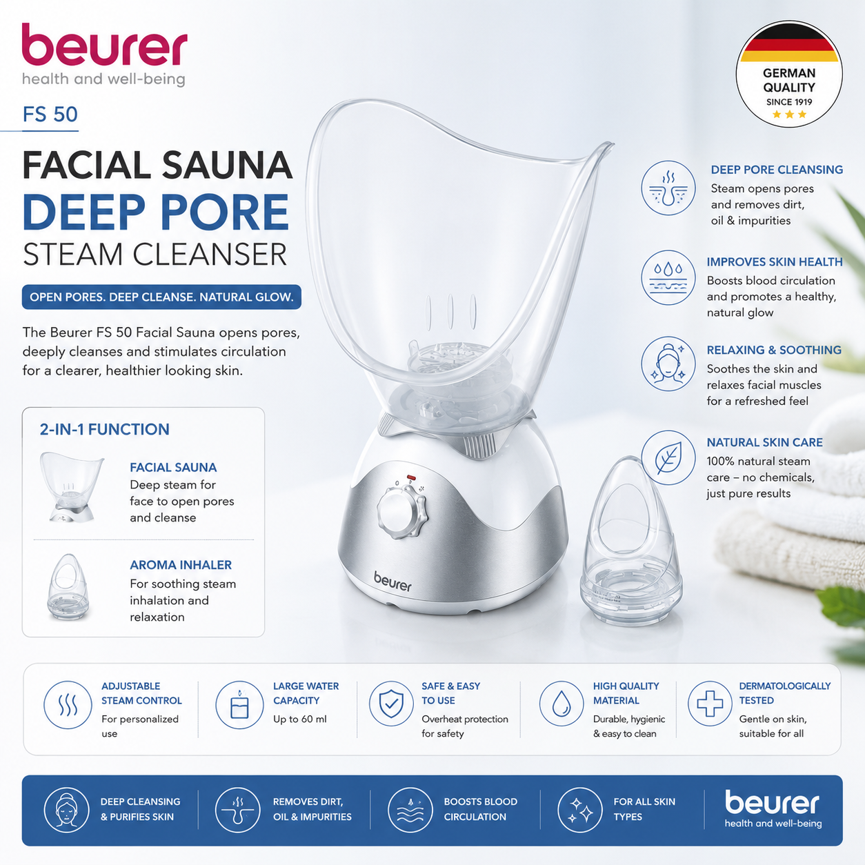 Beurer FS 50 facial sauna steam cleanser, white deep-pore skincare steamer