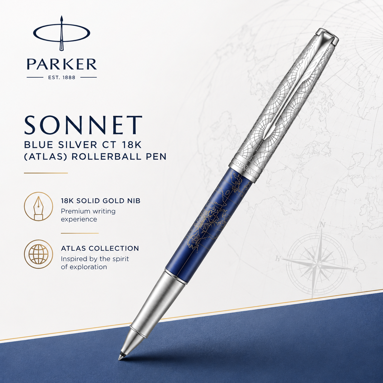 Parker Sonnet Blue Silver CT 18K Atlas Rollerball Pen
