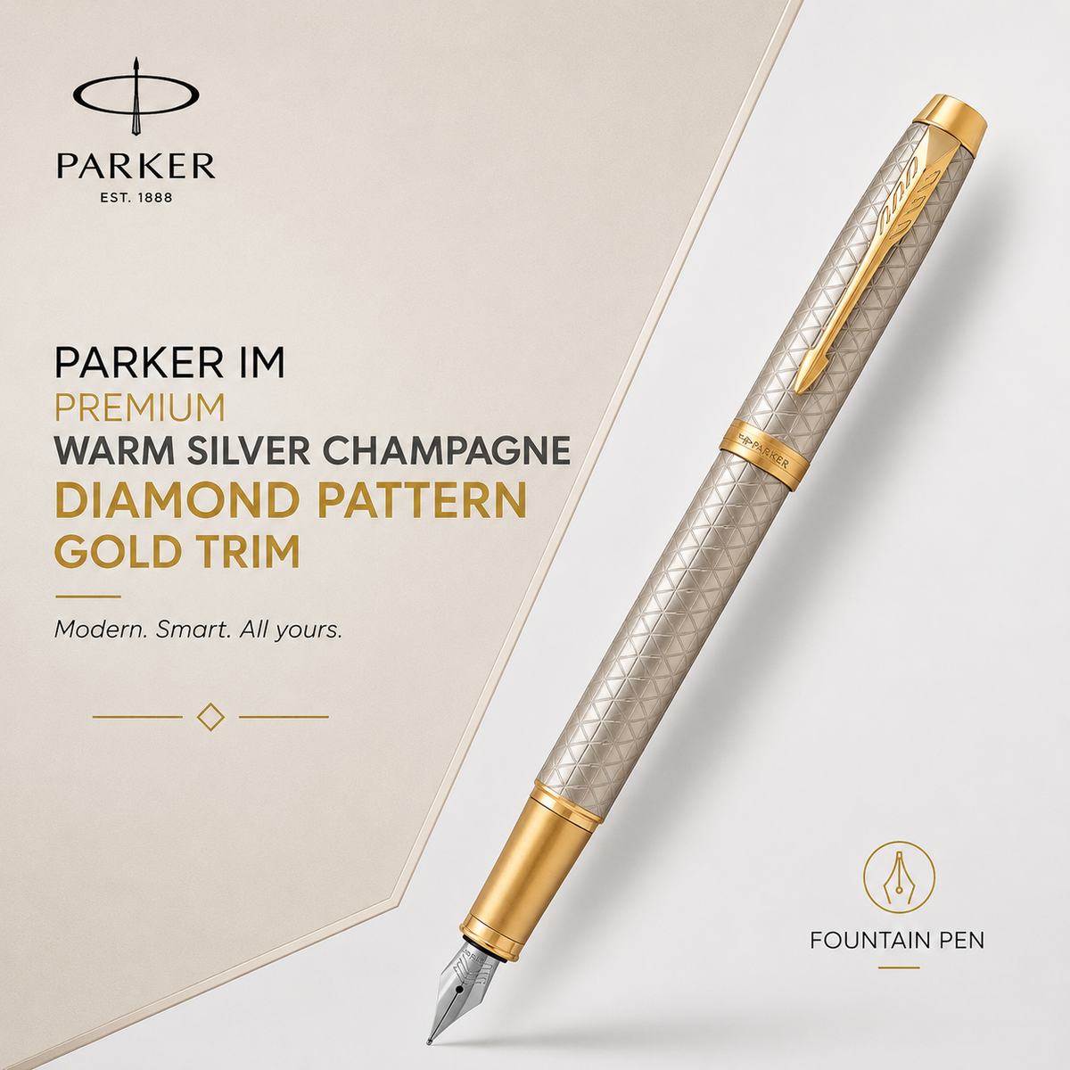 Parker IM Premium Fountain Pen – Warm Silver Champagne Diamond Pattern Gold Trim