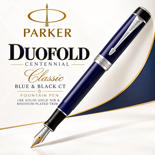 Parker Duofold Centennial Classic Blue & Black CT Fountain Pen – 18K Solid Gold Rhodium-Plated Nib