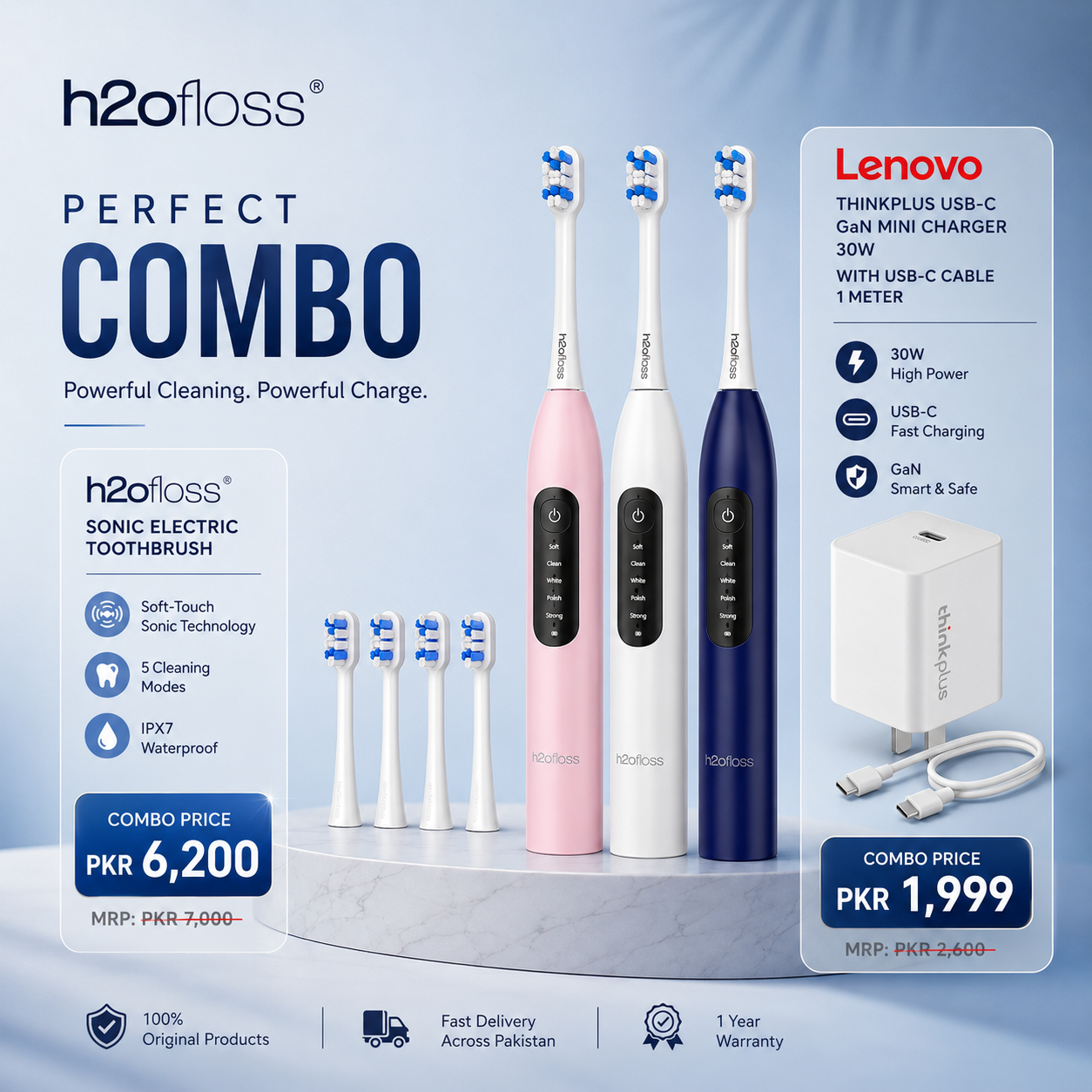 H2OFloss BT-02 Sonic Electric Toothbrush – 5 Modes | USB-C Rechargeable | IPX7 Waterproof