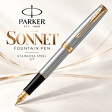 Parker Sonnet Stainless Steel GT Fountain Pen – Medium Nib & 23K Gold-Plated Trim
