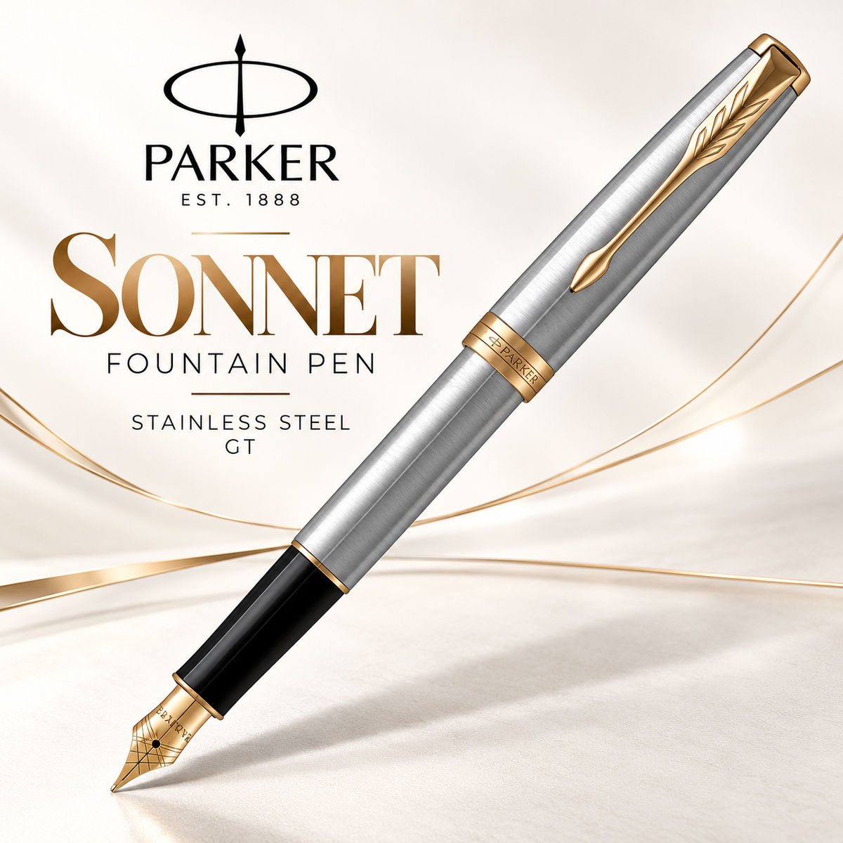 Parker Sonnet Stainless Steel GT Fountain Pen – Medium Nib & 23K Gold-Plated Trim