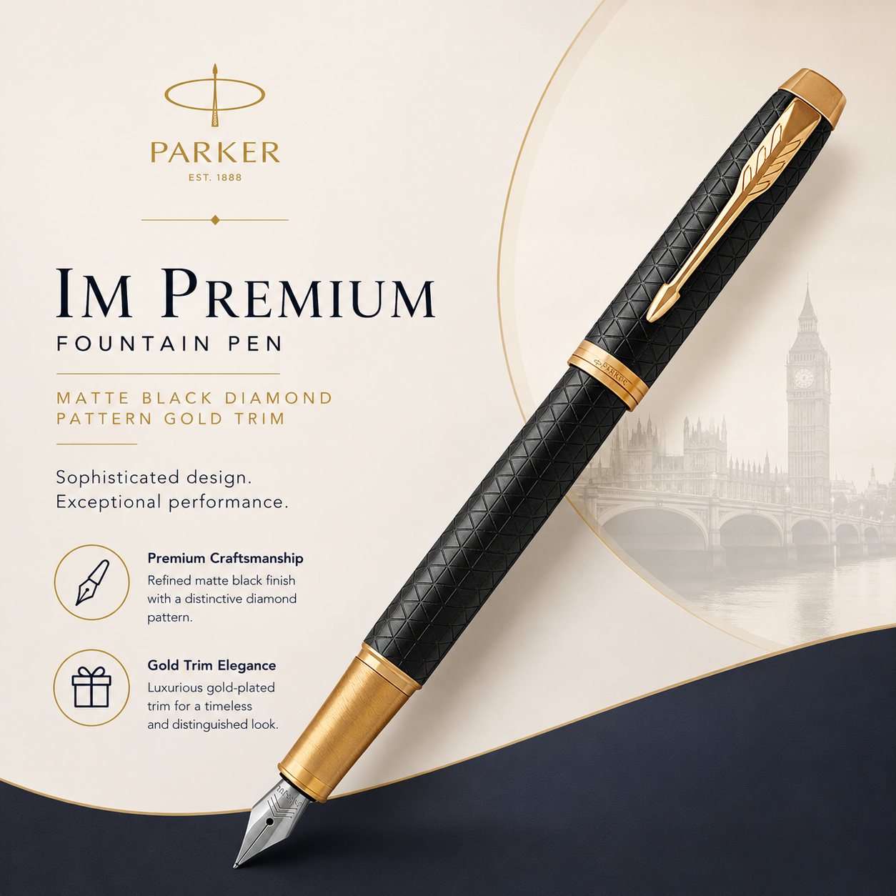 Parker IM Premium Fountain Pen – Matte Black Diamond Pattern Gold Trim