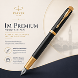 Parker IM Premium Fountain Pen – Matte Black Diamond Pattern Gold Trim