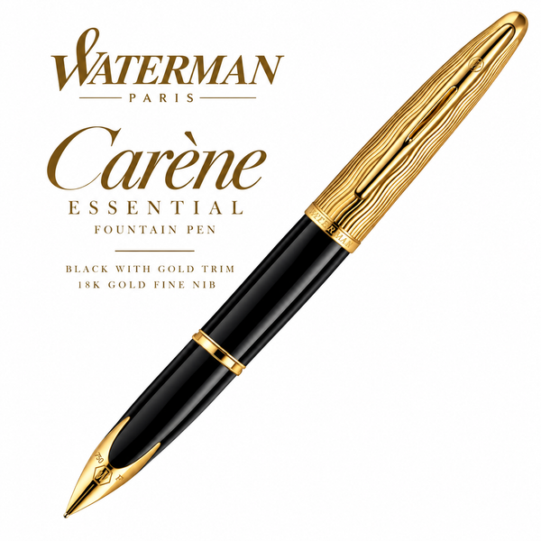 Waterman Carène Essential Fountain Pen – Black with Gold Trim (18K Gold Fine Nib)