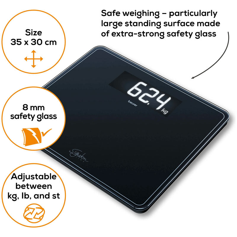 Beurer GS 410 digital glass bathroom scale in black, tempered glass scale, additional view 3