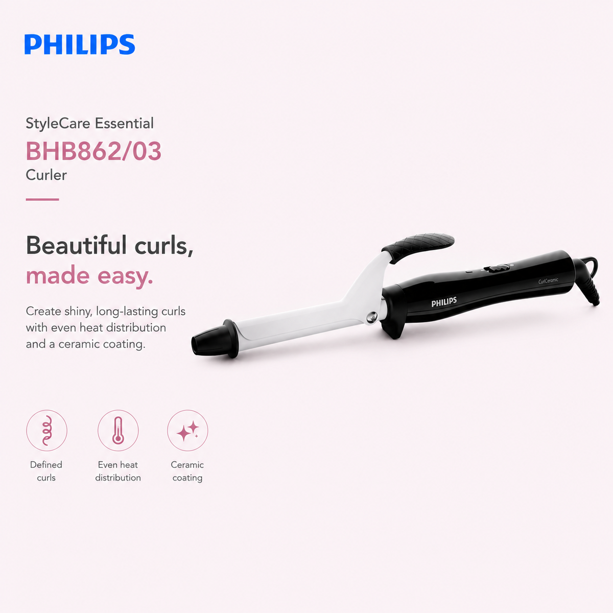 Philips Auto Hair Curler BHB862/03 – Ceramic Automatic Curling Wand