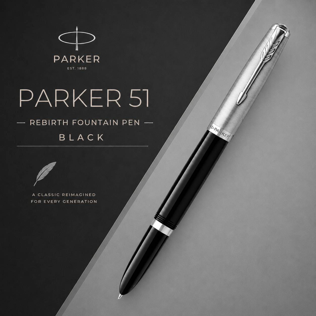 Parker 51 Rebirth Fountain Pen – Black with Chrome Trim | Premium Fountain Pen