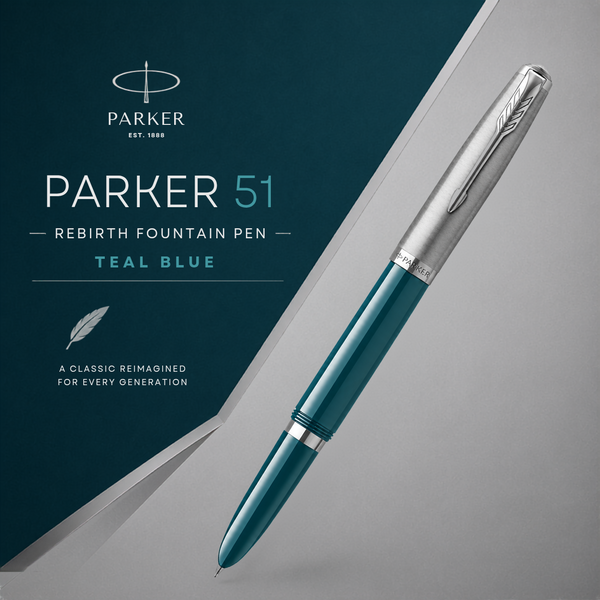 Parker 51 Rebirth Fountain Pen – Teal Blue with Chrome Trim | Premium Fountain Pen