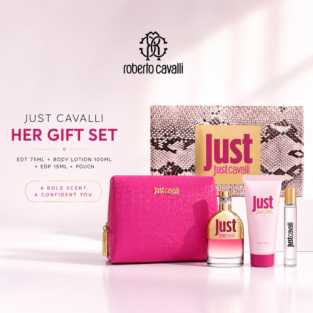 Roberto Cavalli Just Cavalli Her Gift Set – EDT 75ml + Body Lotion 100ml + EDP 15ml + Pouch