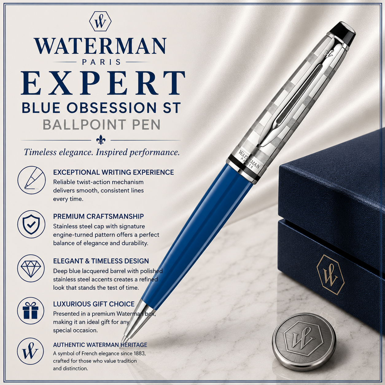 Waterman Expert Blue Obsession ST Ballpoint Pen – Premium Writing Instrument