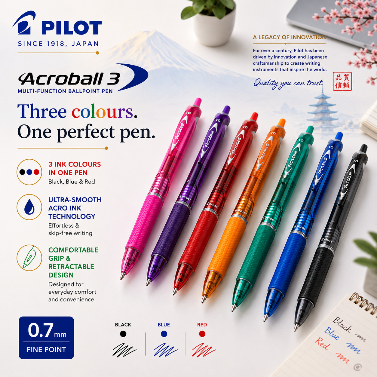 Pilot Acroball 3-in-1 Multi-Function Ballpoint Pen – 0.7mm (Black, Blue & Red Ink)