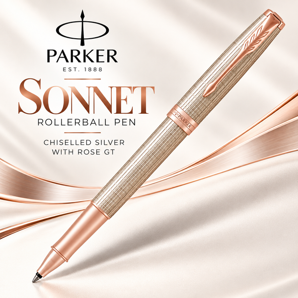 Parker Sonnet Rollerball Pen – Chiselled Silver with Rose Gold Trim (PGT)