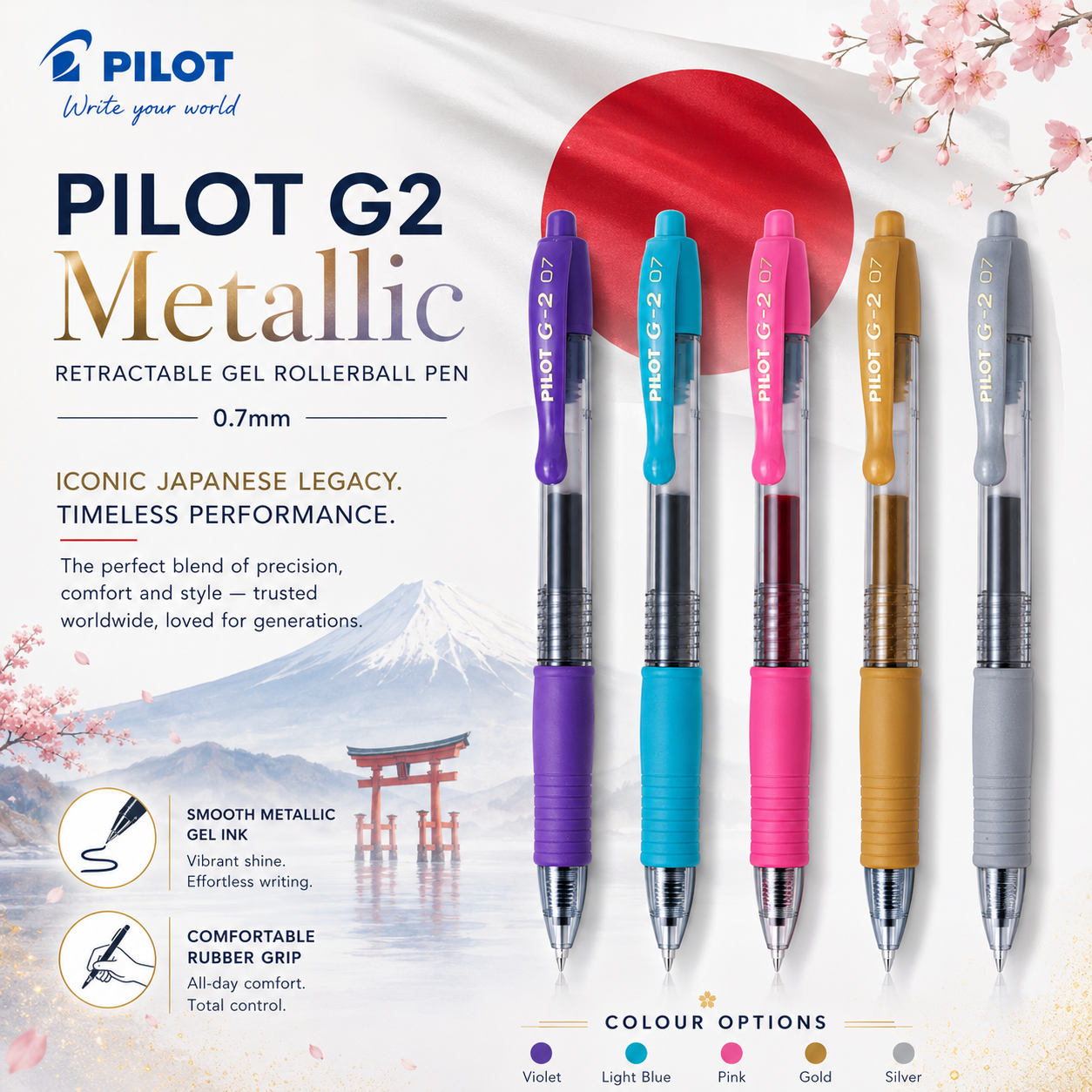 Pilot G2 Metallic Retractable Gel Rollerball Pen – Violet, Light Blue, Pink, Gold & Silver (0.7mm)