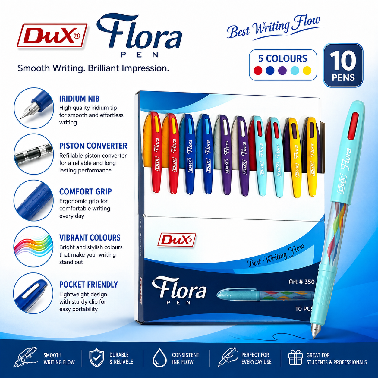 DUX Flora 350 Ink Pen – Iridium Nib, Piston Converter | 5 Colours