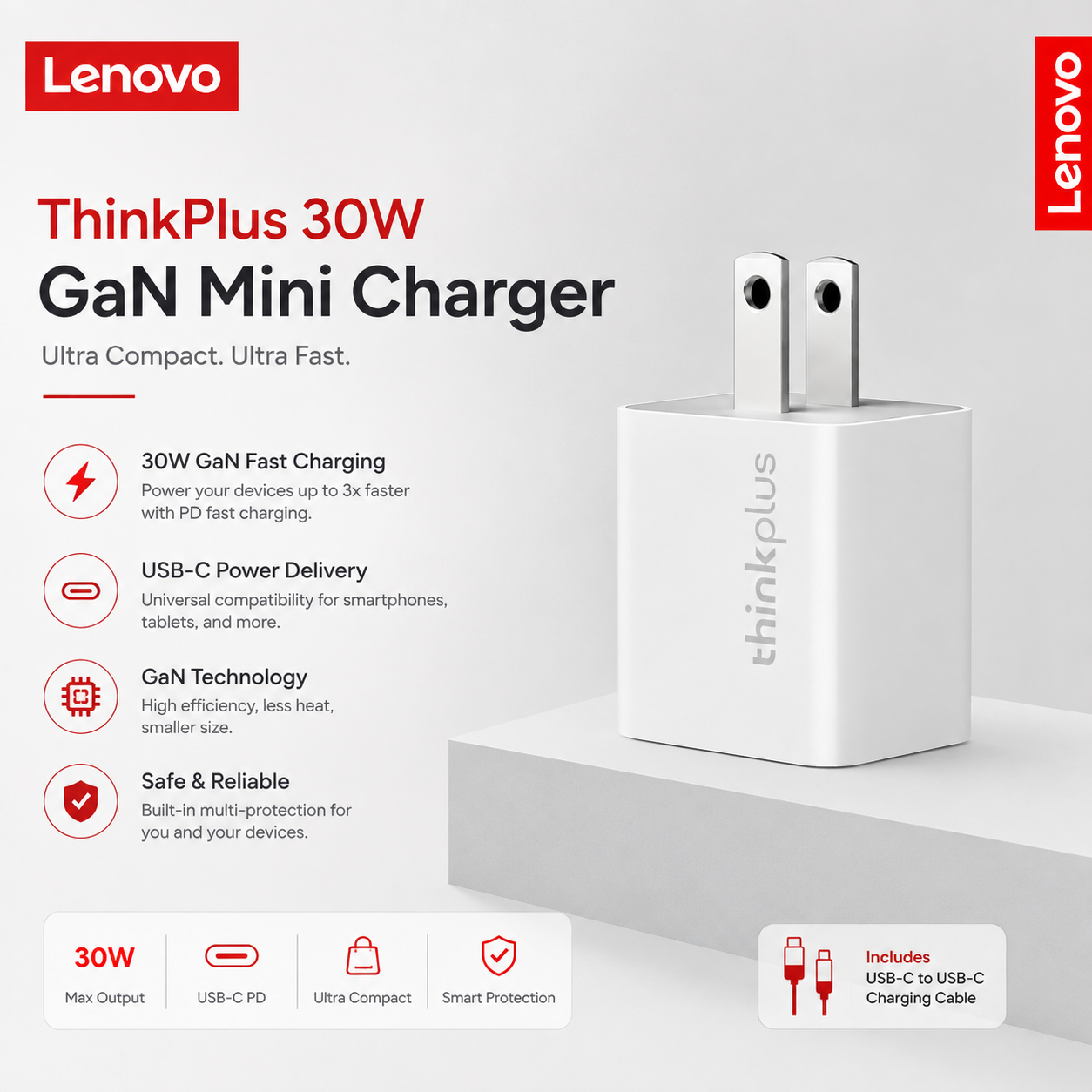 Lenovo ThinkPlus 30W GaN Mini Charger – Ultra Compact USB-C PD Fast Charging Adapter with Cable