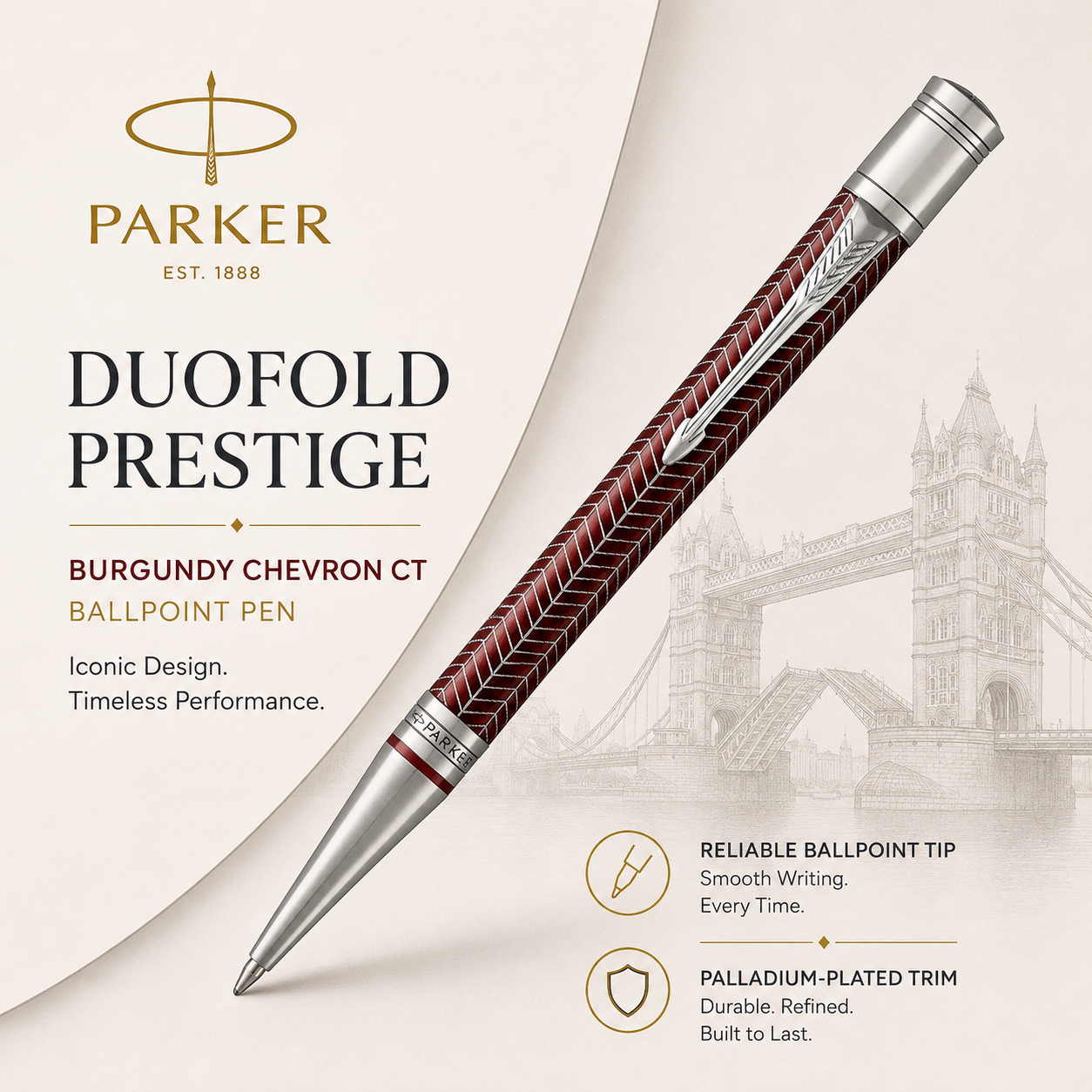 Parker Duofold Prestige Burgundy Chevron CT Ballpoint Pen – Palladium-Plated Trim