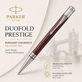 Parker Duofold Prestige Burgundy Chevron CT Ballpoint Pen – Palladium-Plated Trim
