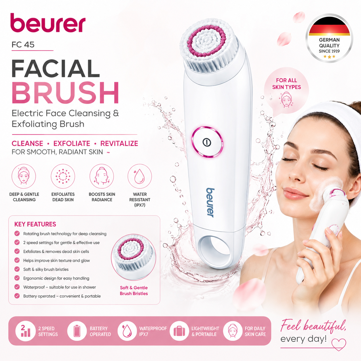 Beurer FC 45 electric facial cleansing and exfoliating brush, white skincare tool