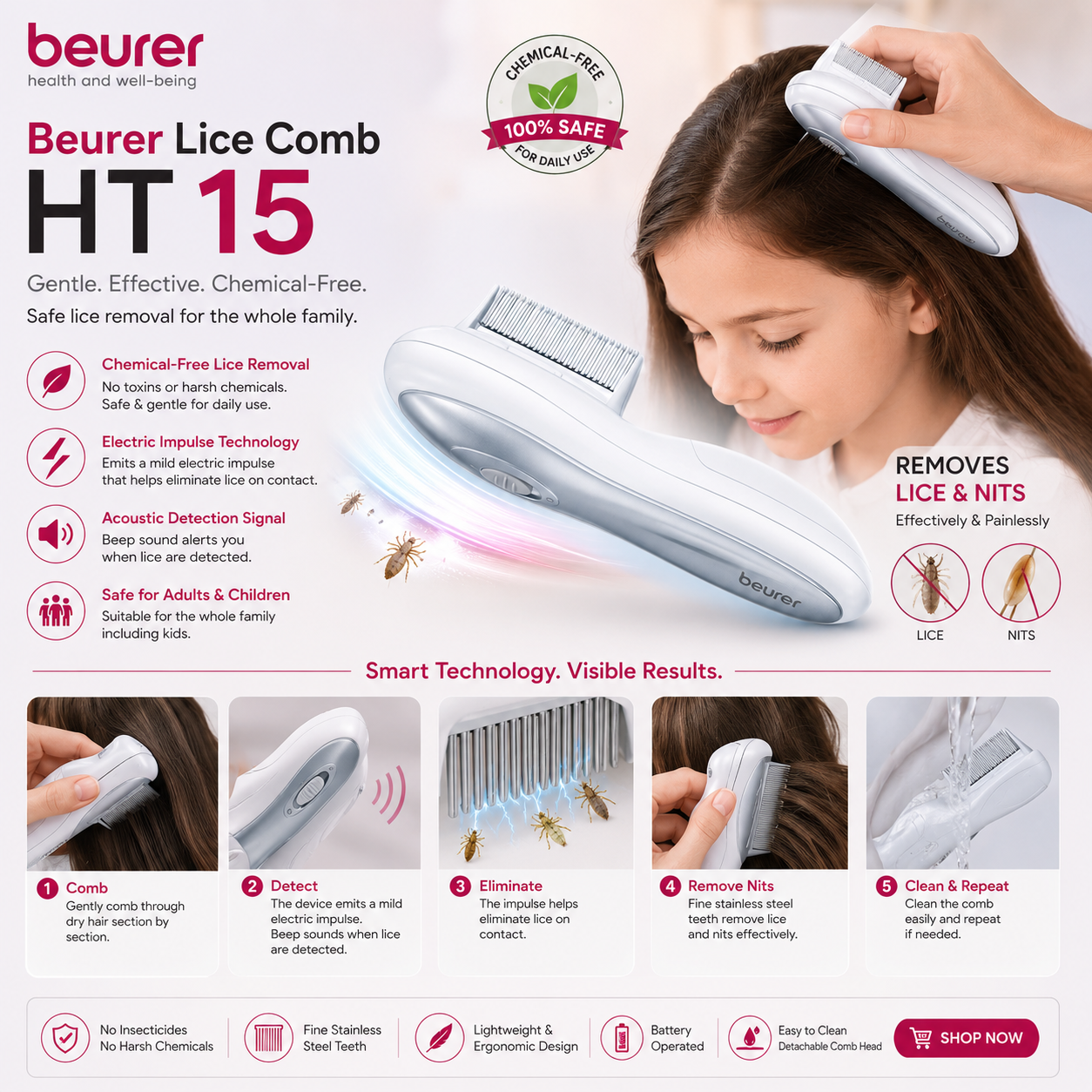 Beurer HT 15 electronic lice comb, chemical-free head lice and nit removal comb