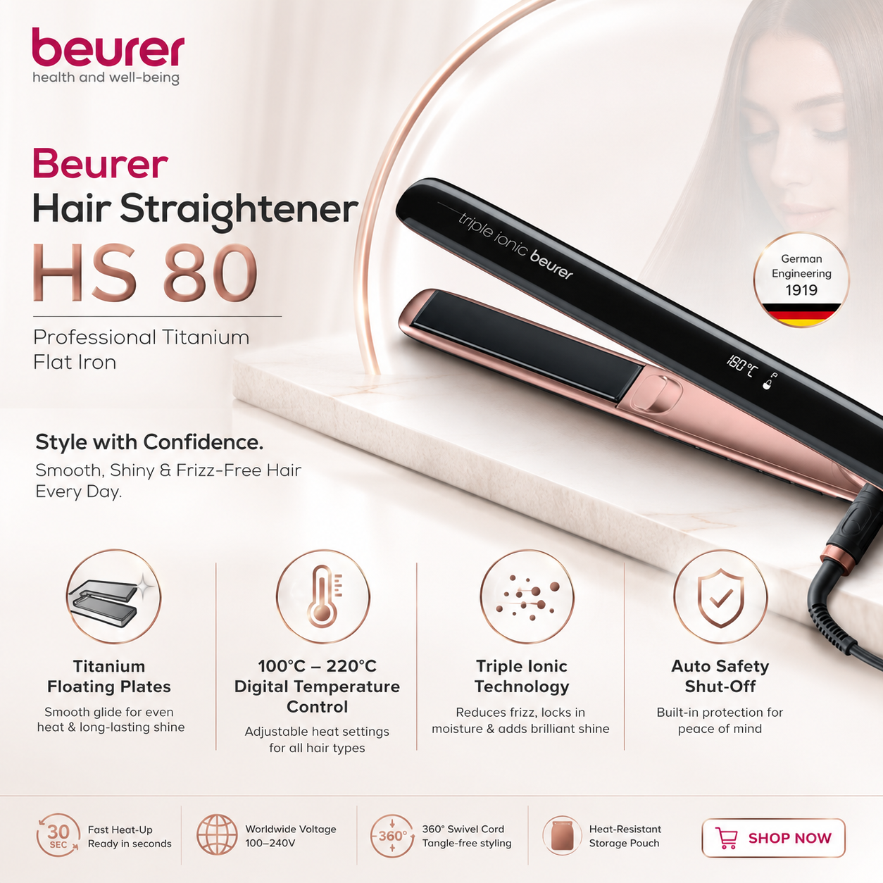 Beurer HS 80 professional titanium hair straightener, black flat iron