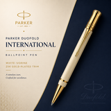 Parker Duofold International White Ivorine GT Ballpoint Pen – 23K Gold-Plated Trim
