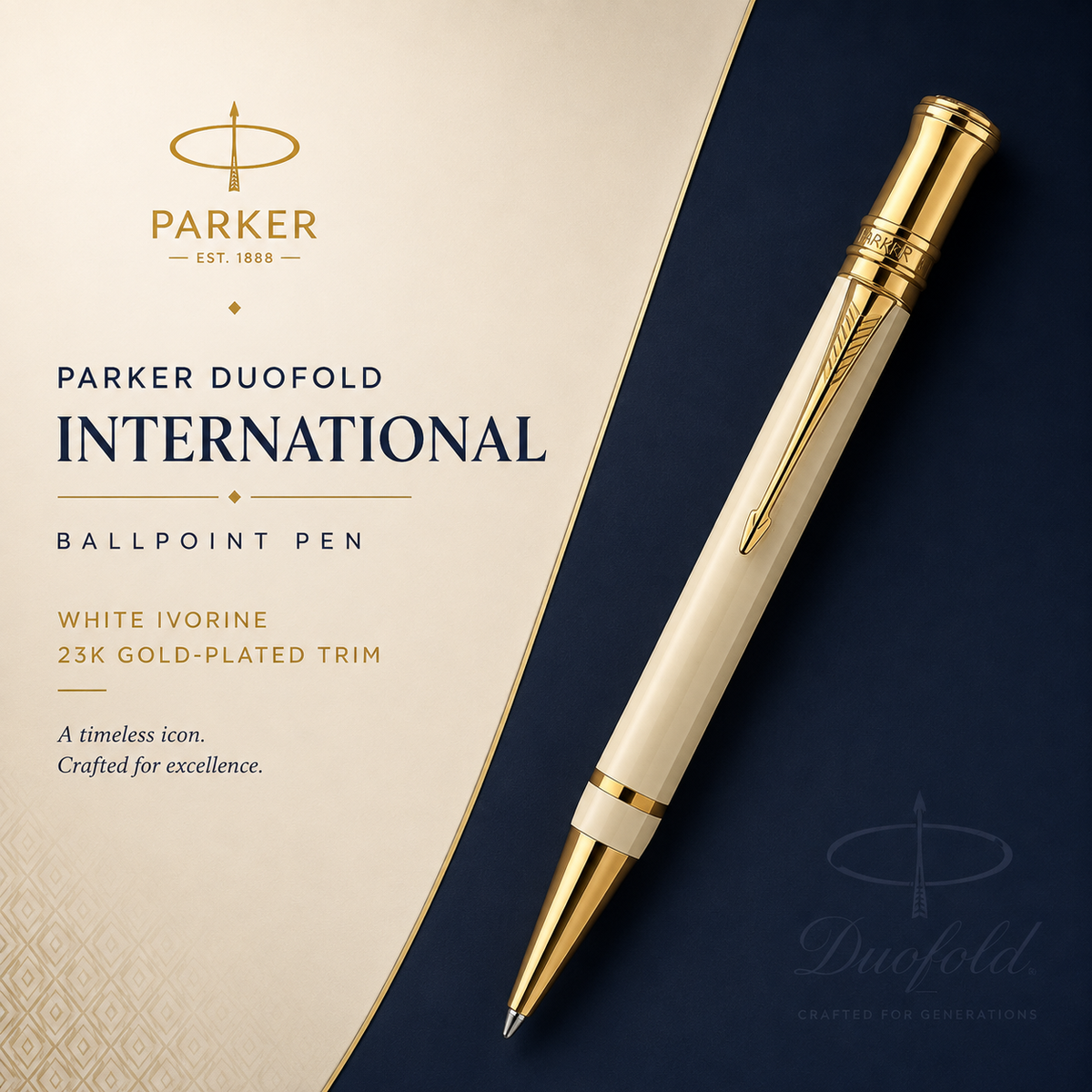 Parker Duofold International White Ivorine GT Ballpoint Pen – 23K Gold-Plated Trim