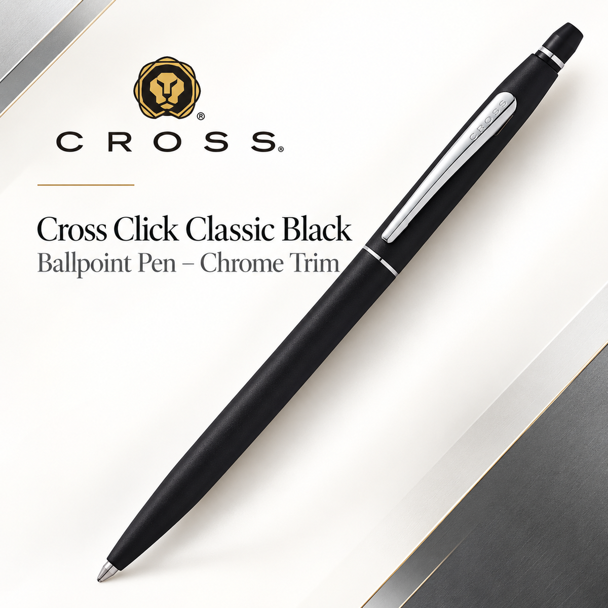 Cross Click Classic Black Ballpoint Pen – Chrome Trim (AT0622-102)