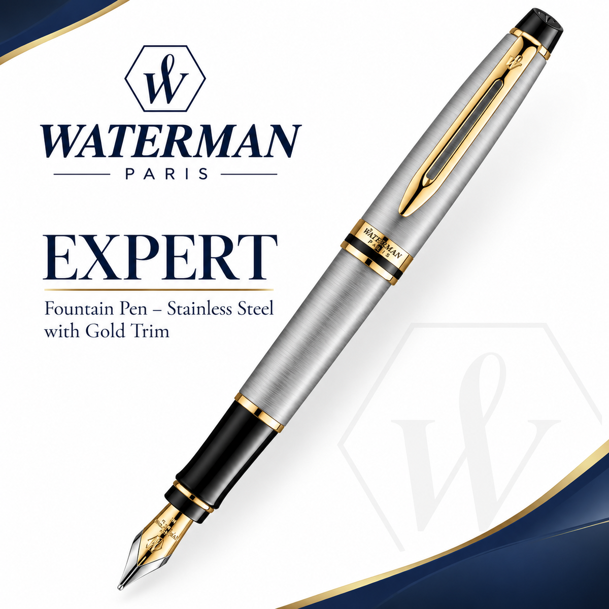 Waterman Expert Fountain Pen – Stainless Steel with Gold Trim