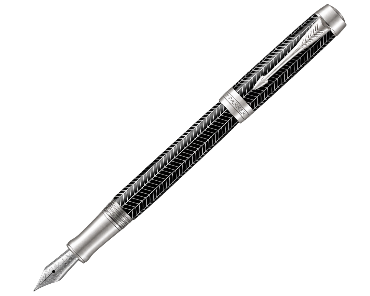 Parker Duofold Prestige Black Chevron CT Fountain Pen - 18K Solid Gold Rhodium-Plated Medium Nib