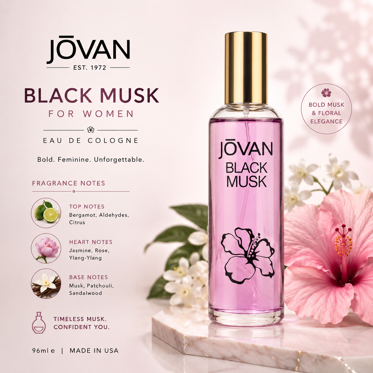 Jovan Black Musk for Women Eau de Cologne 96ml | Bold Dark Musk with Amber & Woods