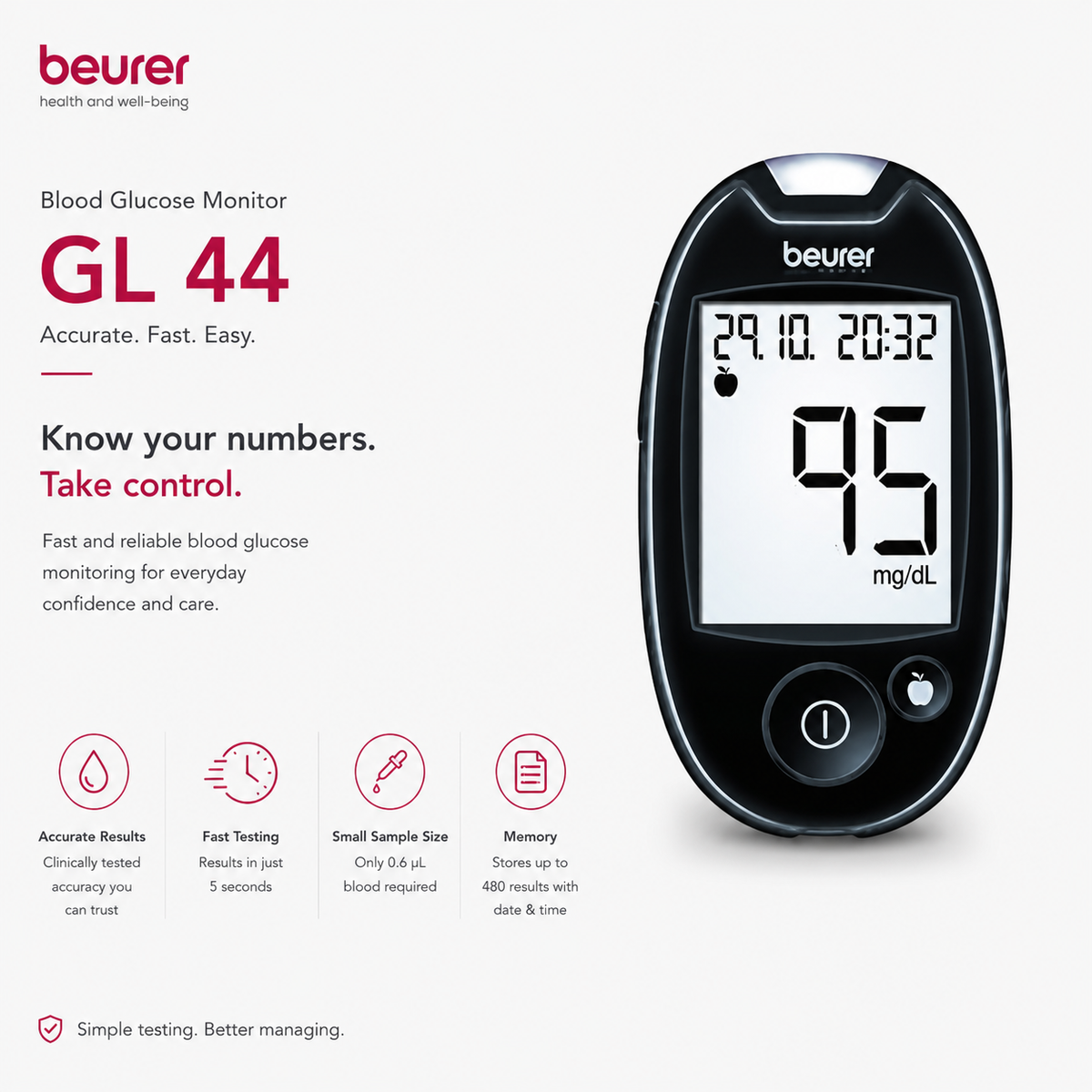 Beurer GL 44 Blood Glucose Monitor — Black (mg/dL)