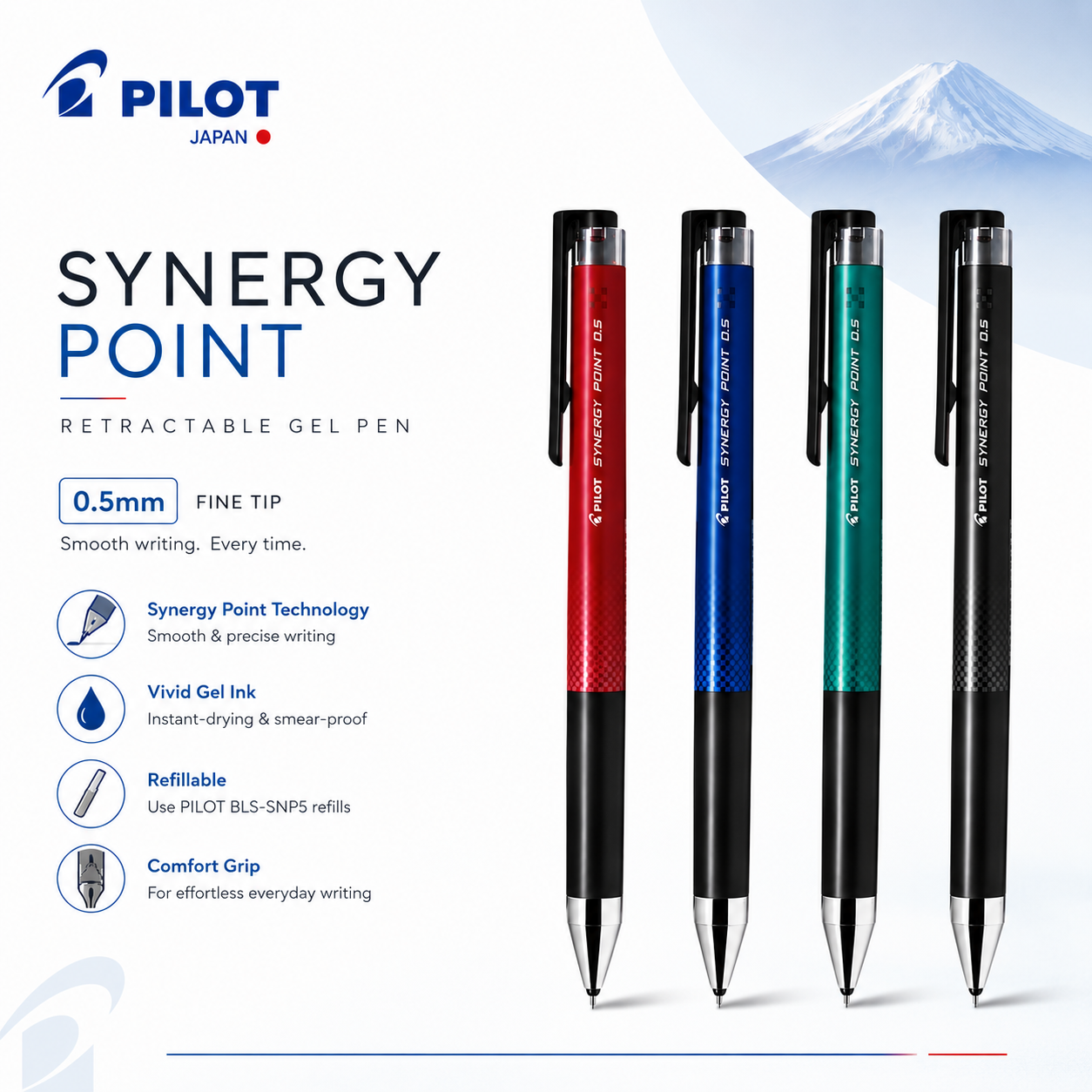 Pilot Synergy Point Refillable Retractable Gel Pen – 0.5mm, Assorted Colours