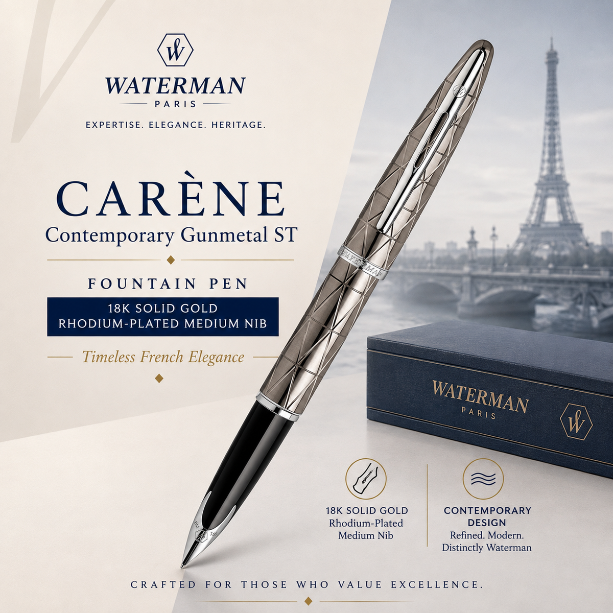 Waterman Carène Contemporary Gunmetal ST Fountain Pen – 18K Solid Gold Rhodium-Plated Medium Nib