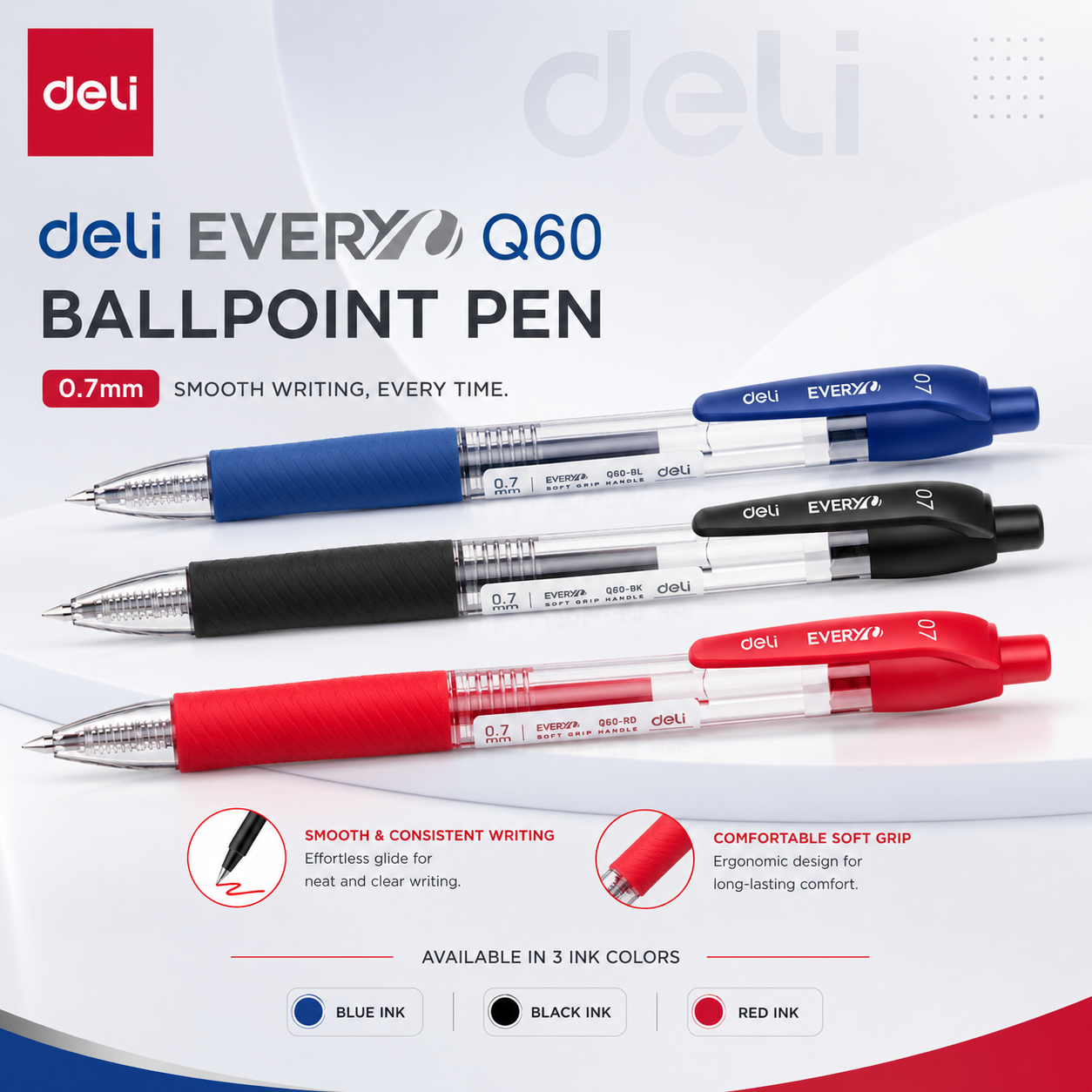 Deli Every Q60 Ballpoint Pen – 0.7mm (Blue / Black / Red)