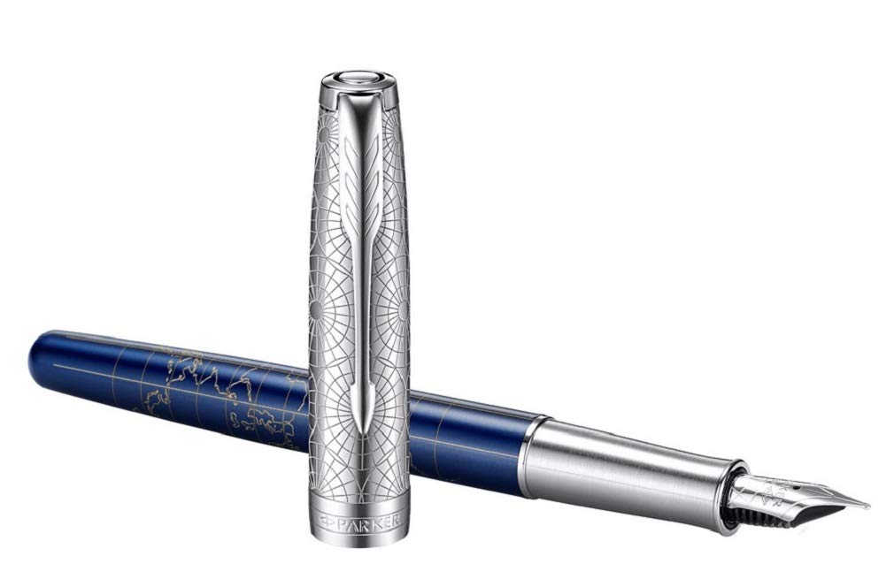 Parker Sonnet SE Atlas Fountain Pen – Blue Silver | 18K Gold Nib (Medium)
