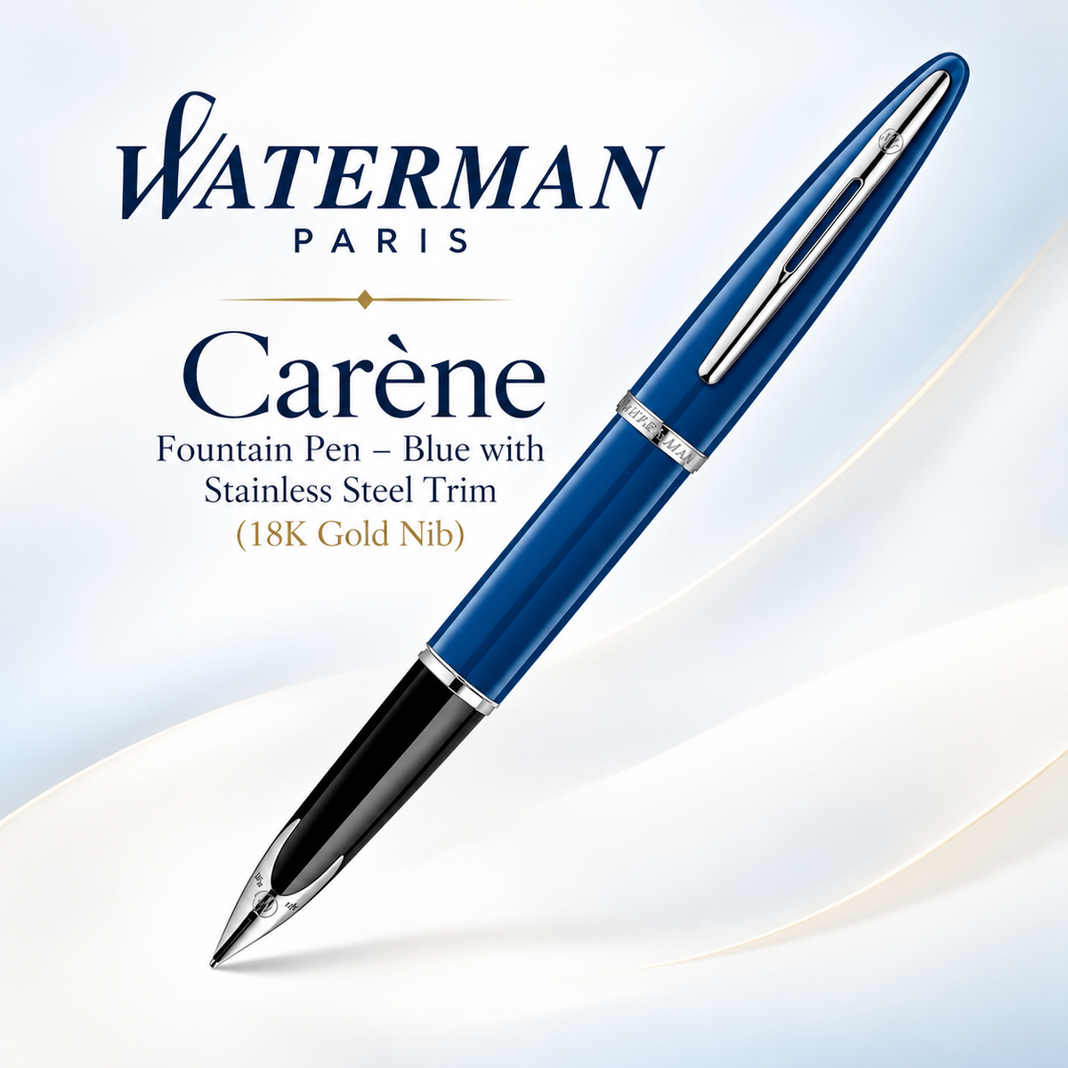 Waterman Carène Fountain Pen – Blue with Stainless Steel Trim (18K Gold Nib)