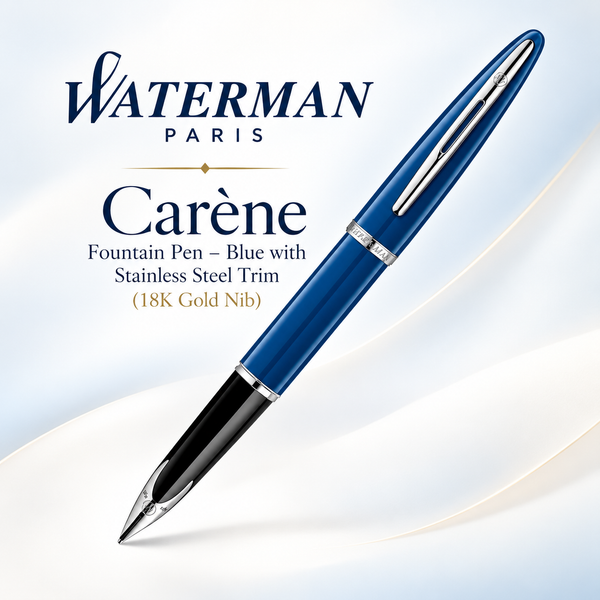 Waterman Carène Fountain Pen – Blue with Stainless Steel Trim (18K Gold Nib)