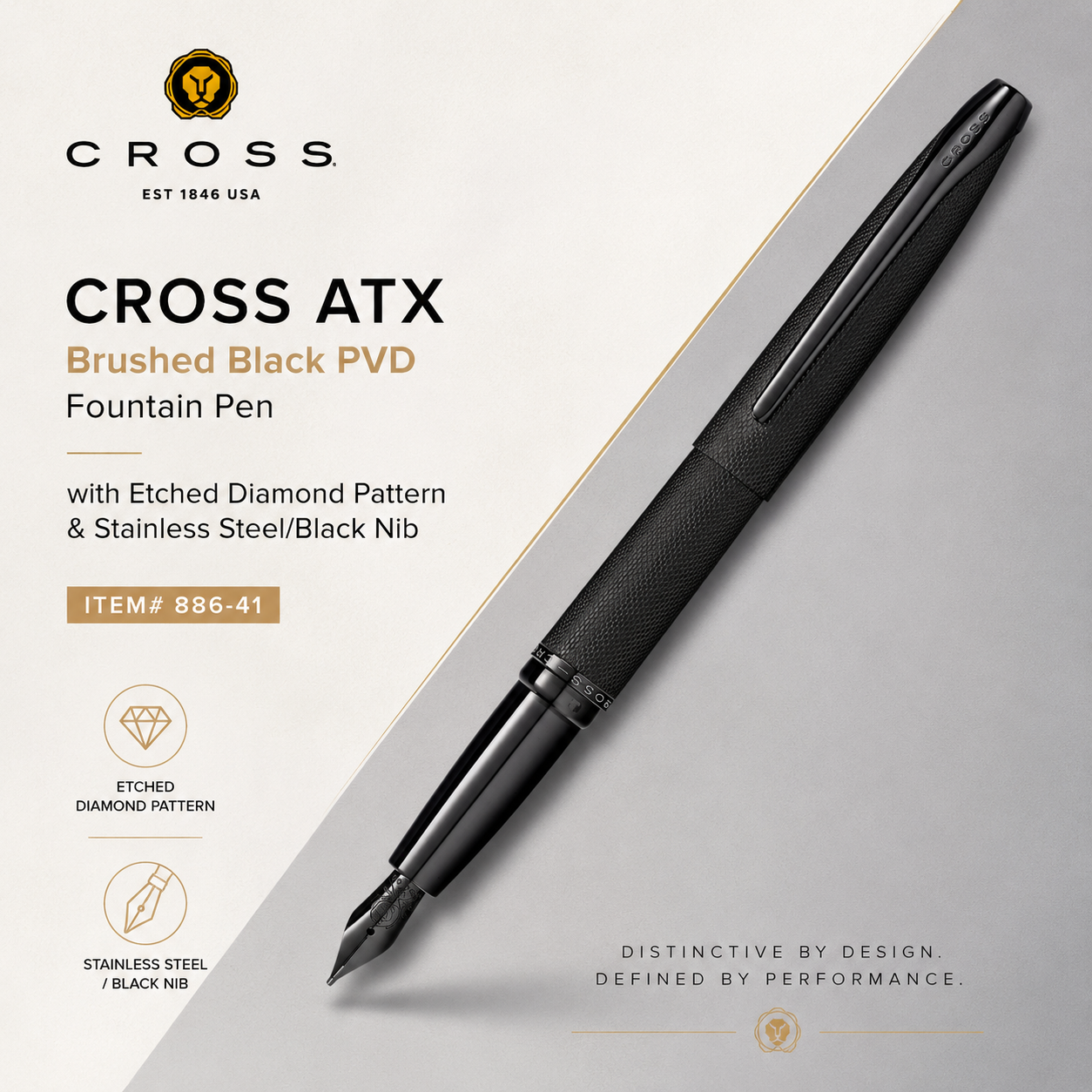 Cross ATX Brushed Black PVD Fountain Pen with Etched Diamond Pattern & Stainless Steel/Black Nib – 886-41