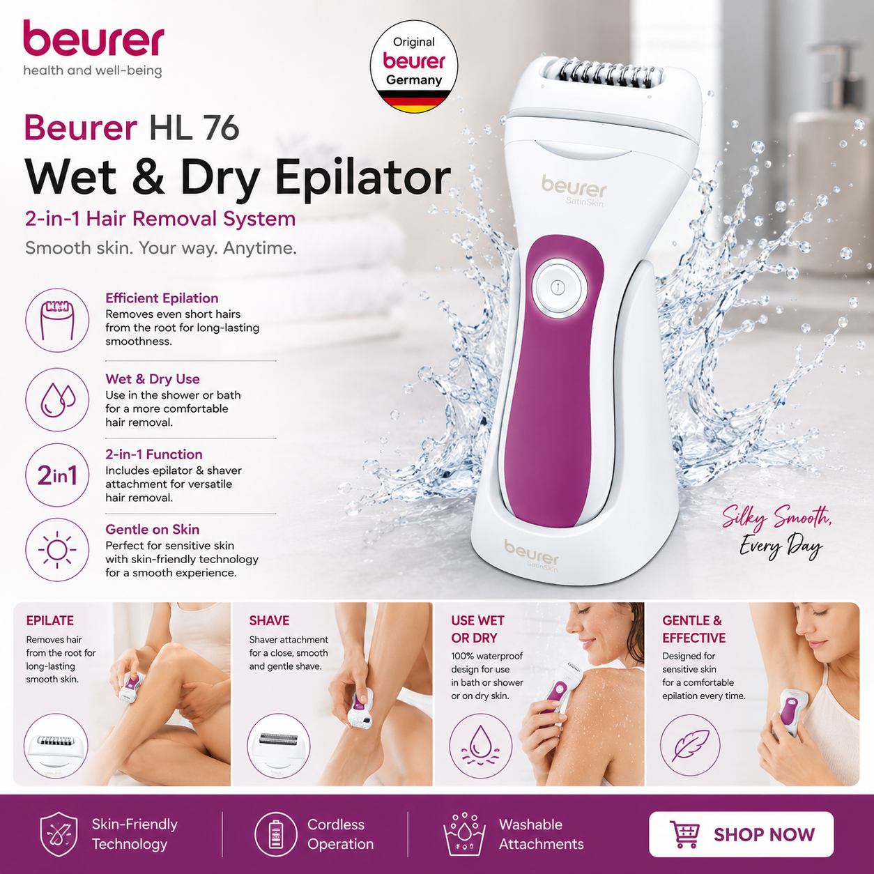 Beurer HL 76 wet and dry 2-in-1 epilator, cordless hair removal device