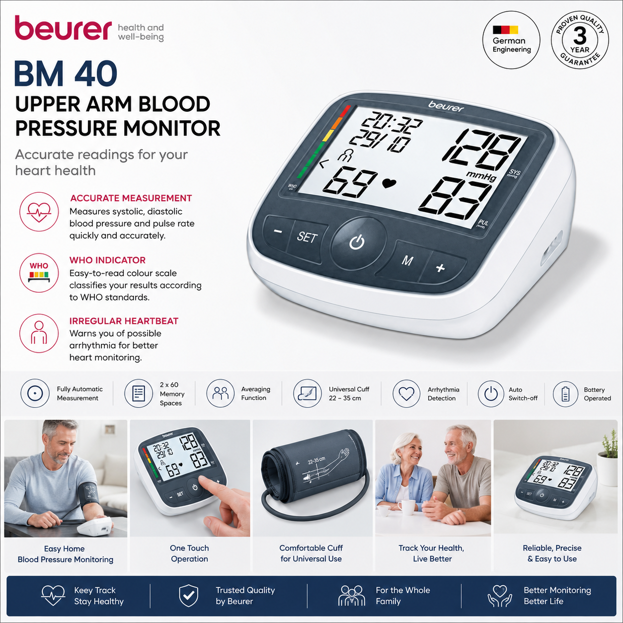 Beurer BM 40 upper arm blood pressure monitor with cuff, white digital BP device, additional angle