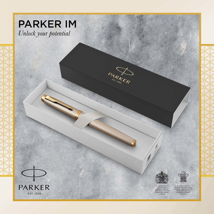 Parker IM Premium Fountain Pen – Warm Silver Champagne Diamond Pattern Gold Trim